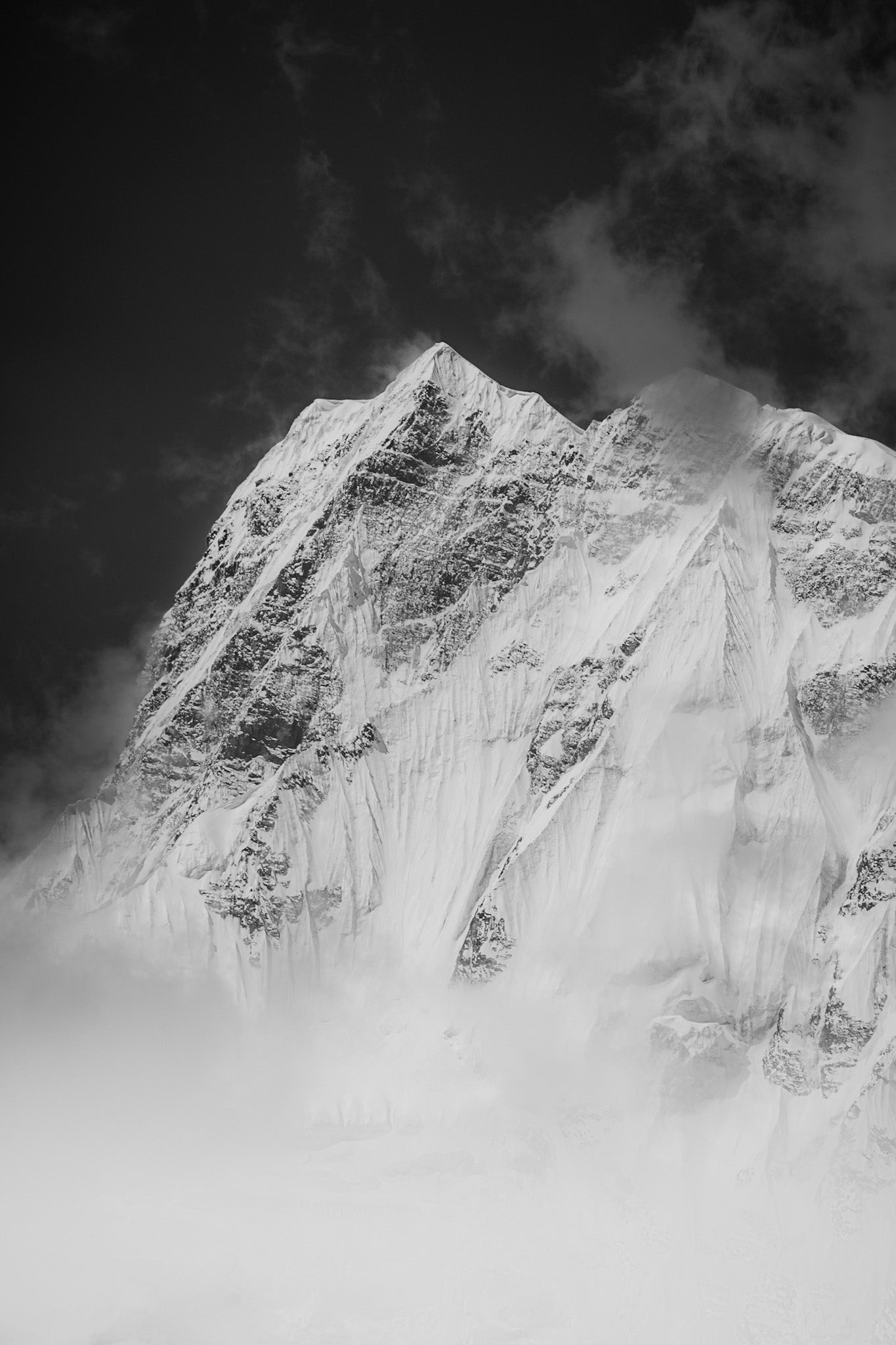 A fine art black and white mountain landscape print for Annapurna III in the Nepali Himalayas.