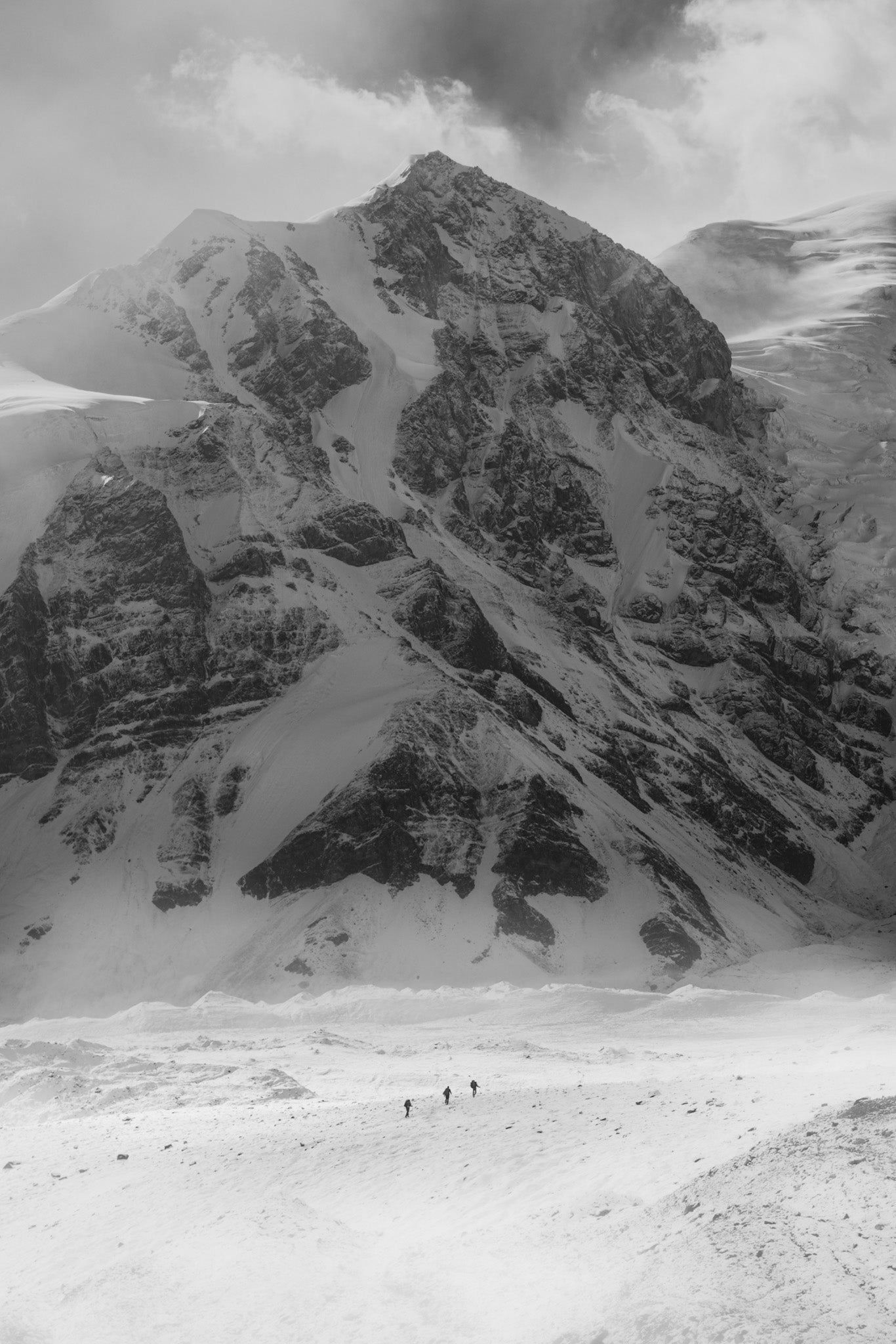 black and white mountain landscape print of Lenin Peak in Kyrgyzstan 