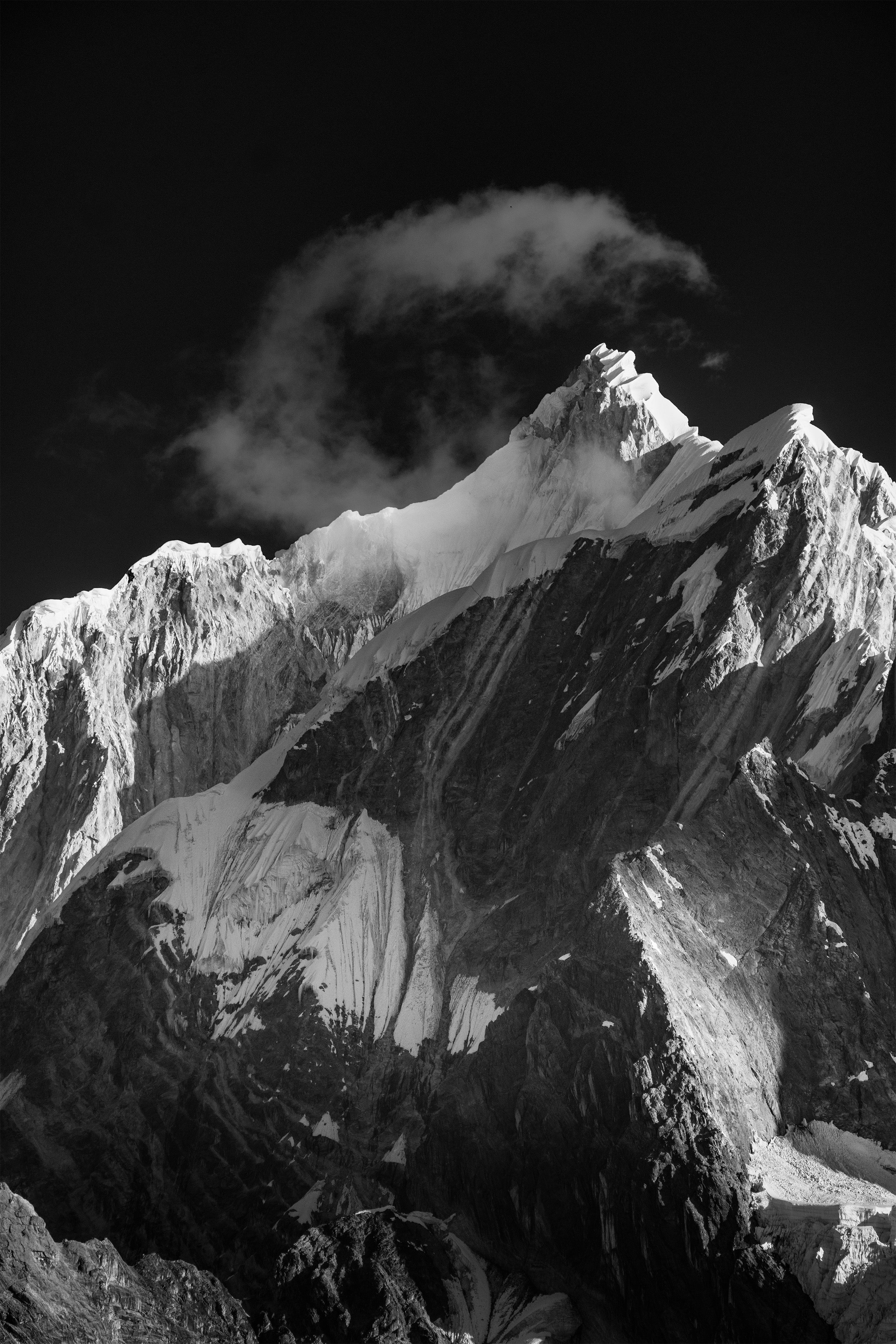 black and white fine art mountain print of Yerupaja in the Cordillera Huayhaush Peru